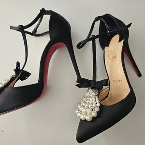 Louboutin Goyetta Black Satin T-Strap Heels with Shell Crystal Pearl Bow 37.5